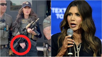 Secretary of Homeland Security Kristi Noem didn't appear to know how to hold a rifle in a video going viral. Watch the video. (Credit: Kristi Noem official government account/public domain/https://x.com/Sec_Noem/status/1909626948424548539 and Photo by JIM WATSON/AFP via Getty Images))