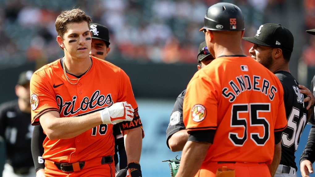 Baltimore Orioles bench clearing Coby Mayo