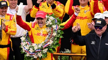 Alex Palou celebrates Indianapolis 500 win