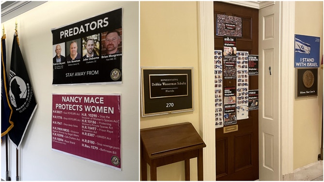 Photos outside the offices of Rep. Nancy Mace (R-SC) and Rep. Debbie Wasserman Schultz (D-FL) at the U.S. Capitol.