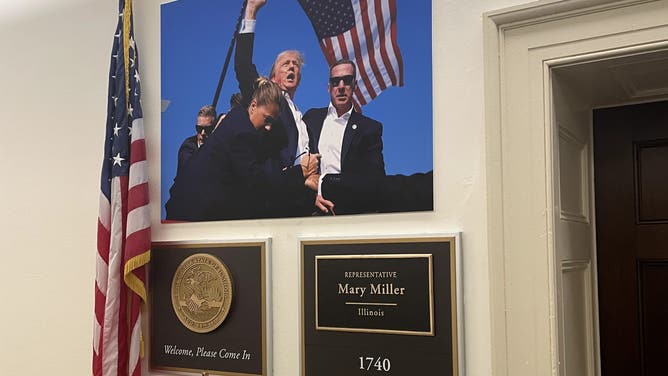 Congresswoman Mary Miller (R-IL) had a photo of President Donald Trump displayed outside her office at the U.S. Capitol. 