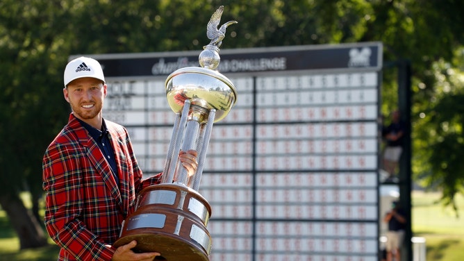 Daniel Berger celebrates winning the 2020 Charles Schwab Challenge at Colonial. (Photo Credit: Raymond Carlin III-USA TODAY Sports)