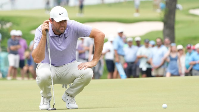 Scottie Scheffler lines up during the 2024 Charles Schwab Challenge at Colonial Country Club in Fort Worth, Texas. (Photo Credit: Jim Cowsert-USA TODAY Sports)