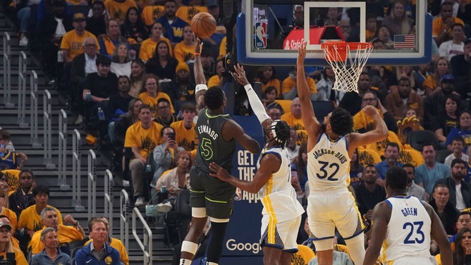 Minnesota Timberwolves SG Anthony Edwards (5) gets to the rack on the Golden State Warriors during Game 3 of the Western Conference Semifinals in the 2025 NBA Playoffs. (Photo Credit: David Gonzales-Imagn Images)