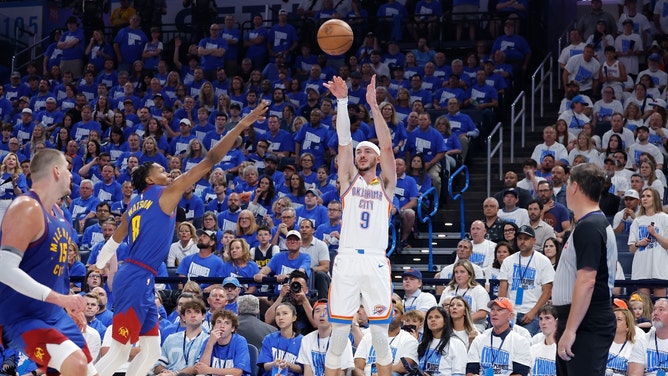 Oklahoma City Thunder SG Alex Caruso shooting a 3-pointer vs. the Denver Nuggets during Game 5 of the Western Conference Semifinals in the 2025 NBA Playoffs. (Photo credit: Alonzo Adams-Imagn Images)