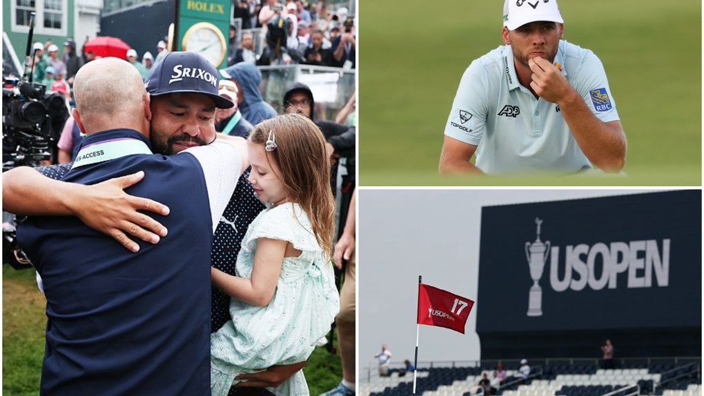 JJ Spaun holding his daughter and Sam Burns looking on at Oakmont