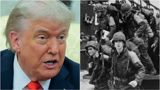 President Donald Trump trolled German Chancellor Friedrich Merz over America dominating D-Day on June 6, 1944. Watch a video of the exchange. (Photo by Hulton Archive/Getty Images and Photo by Anna Moneymaker/Getty Images)