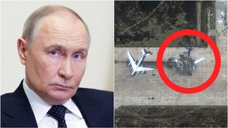 Satellite images show extent of Ukraine's drone attack in Russia. (Credit: Satellite image (c) 2025 Maxar Technologies via Getty Images and Photo by GAVRIIL GRIGOROV/POOL/AFP via Getty Images)