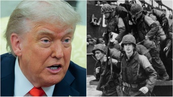 President Donald Trump trolled German Chancellor Friedrich Merz over America dominating D-Day on June 6, 1944. Watch a video of the exchange. (Photo by Hulton Archive/Getty Images and Photo by Anna Moneymaker/Getty Images)