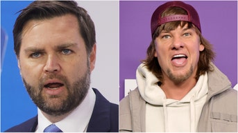 Vice President JD Vance lost it laughing after Theo Von made a wild joke about his residence. Watch a video of the exchange. (Photo by Dia Dipasupil/Getty Images and Photo by Johannes Simon/Getty Images)