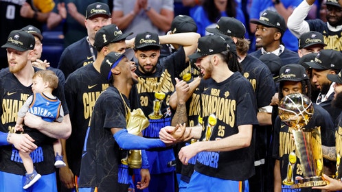 Oklahoma City Thunder's Shai Gilgeous-Alexander celebrates with big Chet Holmgren after winning the 2014-25 NBA championship. (Photo Credit: Alonzo Adams-Imagn Images)