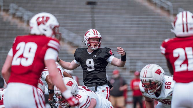 Wisconsin Badgers quarterback Billy Edwards Jr. #9 looks down the line of scrimmage during the Wisconsin Football Spring Showcase at Camp Randall Stadium in Madison, Wisconsin, on April 19, 2025. (Photo by Ross Harried/NurPhoto via Getty Images)