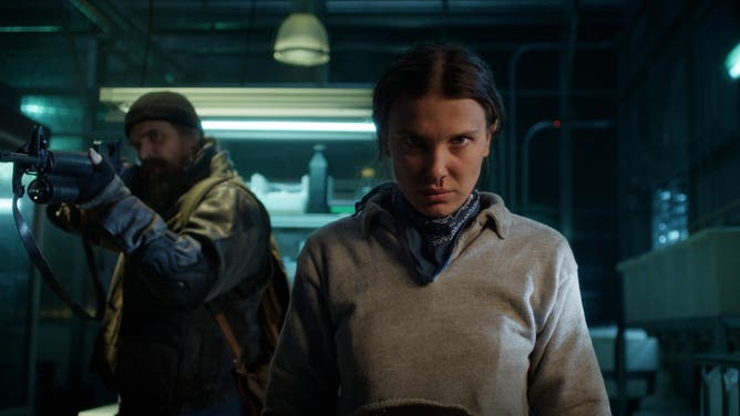 STRANGER THINGS. (L to R) David Harbour as Jim Hopper and Millie Bobby Brown as Eleven in STRANGER THINGS. Cr. Courtesy of Netflix © 2025