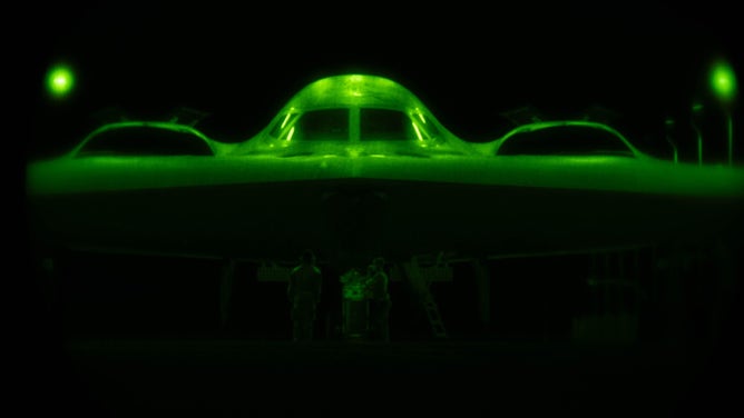 A U.S. Air Force B-2 Spirit is prepared for operations ahead of Operation MIDNIGHT HAMMER at Whiteman Air Force Base, Missouri, June 2025. (Credit: United States Military, Air Force, Public Domain, https://www.dvidshub.net/image/9127325)