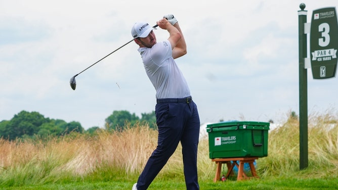 Patrick Cantlay tees off during the third round of the 2024 Travelers Championship at TPC River Highlands in Cromwell, Connecticut. (Photo Credit: Gregory Fisher-USA TODAY Sports)