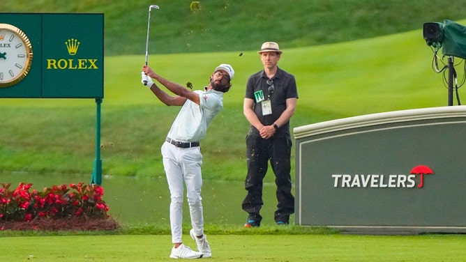 Akshay Bhatia tees off at the 2024 Travelers Championship golf tournament at TPC River Highlands. (Photo Credit: Gregory Fisher-USA TODAY Sports)