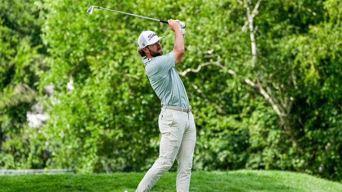 Cameron Young tees at ninth hold during Round 3 of the 2024 Rocket Classic at Detroit Golf Club in Michigan. (Photo credit: Junfu Han-USA TODAY NETWORK)