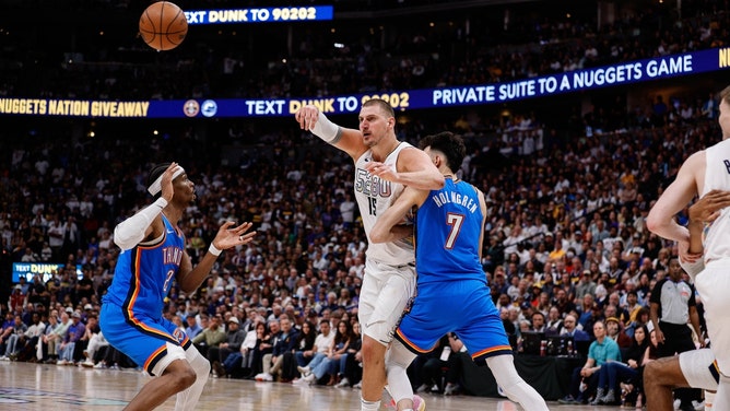 Denver Nuggets C Nikola Jokic in action vs. the Oklahoma City Thunder during the 2025 NBA Playoffs. (Photo Credit: Isaiah J. Downing-Imagn Images)