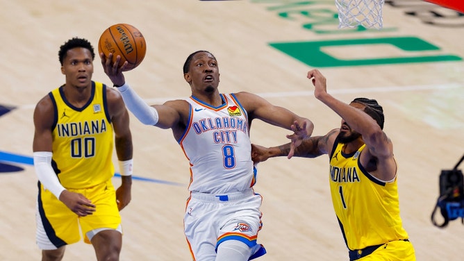 Oklahoma City Thunder forward Jalen Williams attacking the cup vs. the Indiana Pacers in Game 5 of the 2025 NBA Finals. (Photo credit: Alonzo Adams-Imagn Images)
