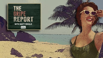 Gripe Report logo and retro lady on a beach