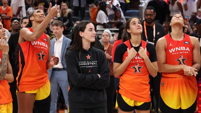 Caitlin Clark on the bench while her team plays in the 2025 WNBA All-Star Game at Gainbridge Fieldhouse in Indianapolis. (Photo Credit: Trevor Ruszkowski-Imagn Images)