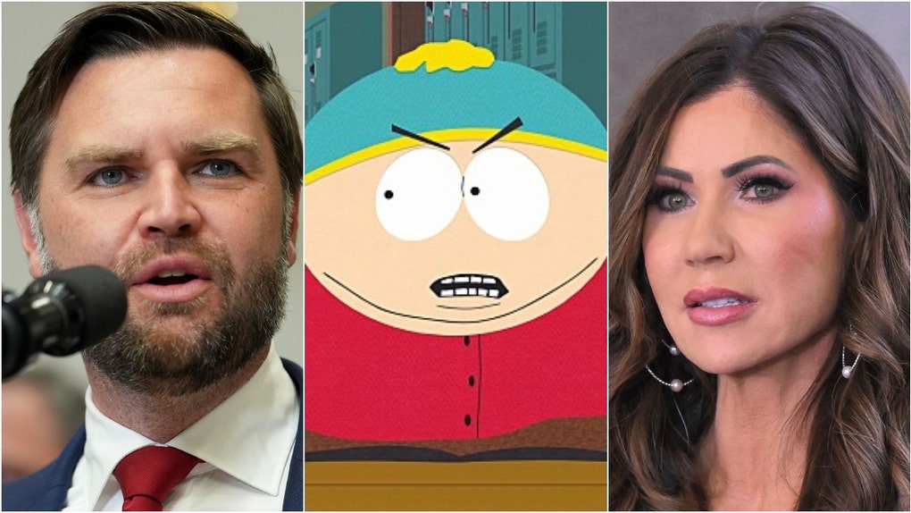 The new "South Park" episode crushed Secretary of Homeland Security Kristi Noem. Vice President JD Vance had a funny reaction to appearing in the episode. Check out the reactions. (Photo by RODRIGO BUENDIA/POOL/AFP via Getty Images and Photographer: Eric Lee/Bloomberg via Getty Images and Paramount+ Media Site)