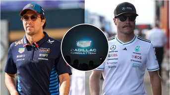 Sergio Perez, Cadillac logo, and Valtteri Bottas