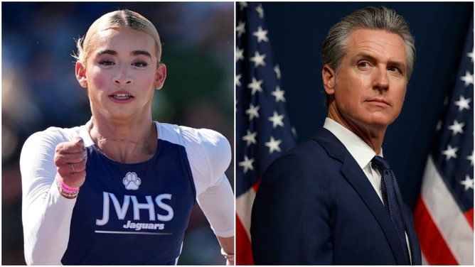 Transgender athlete AB Hernandez of Jurupa Valley High School and California Gov. Gavin Newsom.