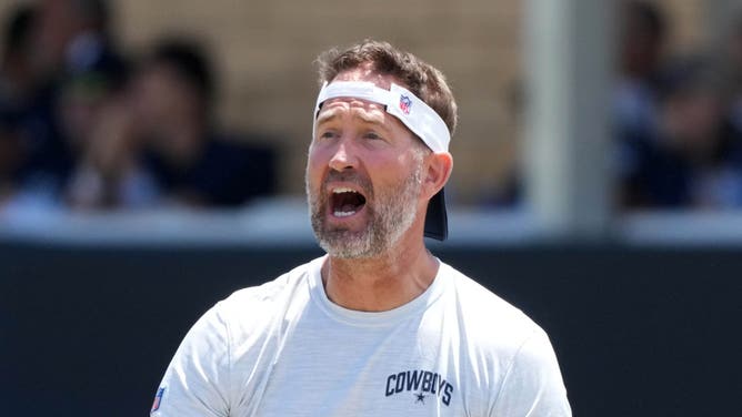 Jul 27, 2025; Oxnard, CA, USA; Dallas Cowboys coach Brian Schottenheimer at training camp at the River Ridge Fields. Mandatory Credit: Kirby Lee-Imagn Images via USA Today Sports