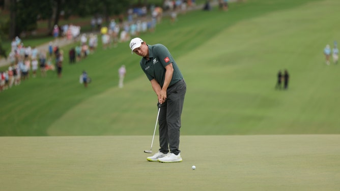 Matt Fitzpatrick putts on the 18th green during the final round of the 2025 Wyndham Championship in Greensboro, North Carolina. (Photo credit: Allison Lawhon-Imagn Images)