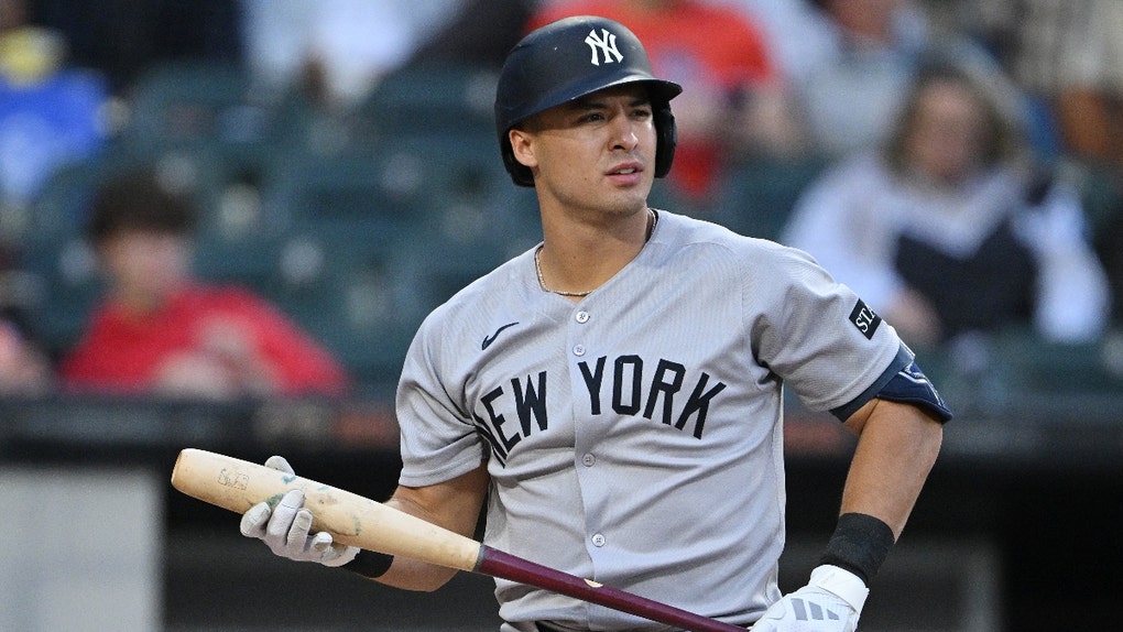 CHICAGO, ILLINOIS - AUGUST 30: Anthony Volpe #11 of the New York Yankees looks on against the Chicago White Sox at Rate Field on August 30, anthony volpe blonde elle jowett carlos rodon charity event
