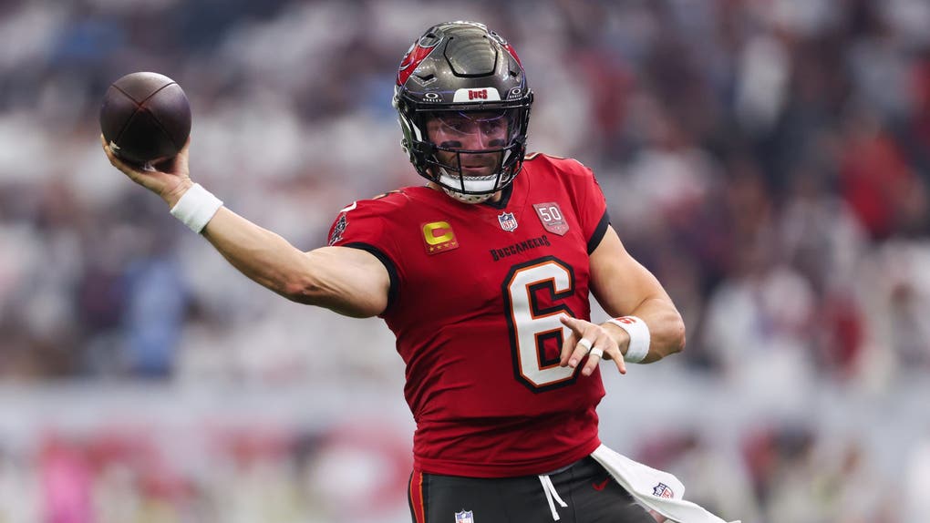 Tampa Bay Buccaneers quarterback Baker Mayfield throws a pass during a game against the Houston Texans.