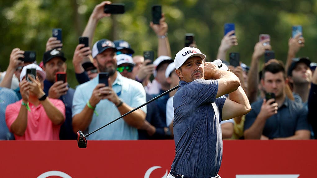 Bryson DeChambeau swinging driver at Bethpage Black ahead of the Ryder Cup