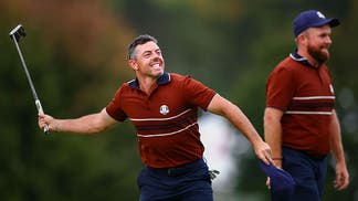 Rory McIlroy celebrates at the Ryder Cup