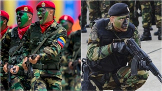 Venezuelan military hype videos are going viral, but nobody is taking them seriously. Will President Donald Trump strike Nicolas Maduro? Will there be a war between the United States and Venezuela? (Photographer: Carlos Becerra/Bloomberg via Getty Images and Photo by FEDERICO PARRA/AFP via Getty Images)