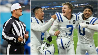 Indianapolis Colts players celebrate game-winning field goal after controversial referee penalty call against Denver Broncos.