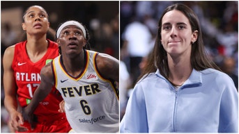 Split image of Fever vs. Dream WNBA playoff action on left and Caitlin Clark on the sideline on right, reflecting debate over Nielsen’s updated ratings model.