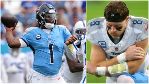 Cam Ward throws a pass for the Tennessee Titans while Will Levis looks dejected on the sideline, highlighting the Titans’ quarterback struggles in 2025.