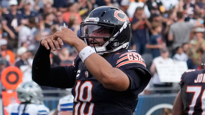 Chicago Bears quarterback Caleb Williams celebrates after throwing a touchdown against the Dallas Cowboys during NFL Week 3. 