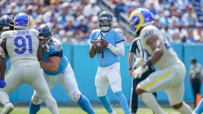 Cam Ward tossing a pass for the Tennessee Titans