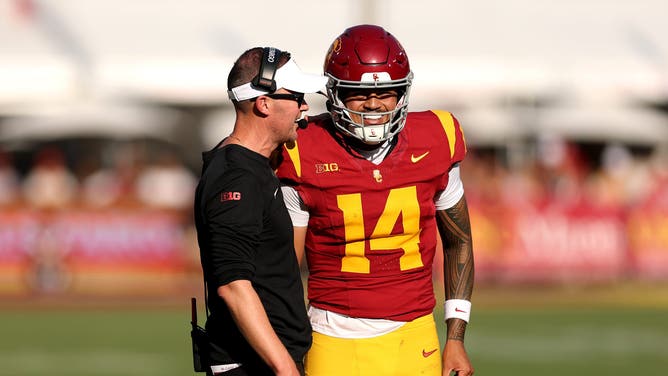 USC Trojans quarterback Jayden Maiava and head coach Lincoln Riley