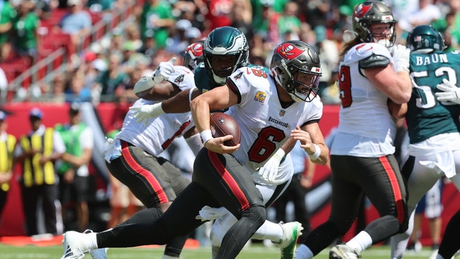 Tampa Bay Buccaneers QB Baker Mayfield runs the ball in for a touchdown vs. the Philadelphia Eagles at Raymond James Stadium in Florida. (Photo Credit: Kim Klement Neitzel-Imagn Images)