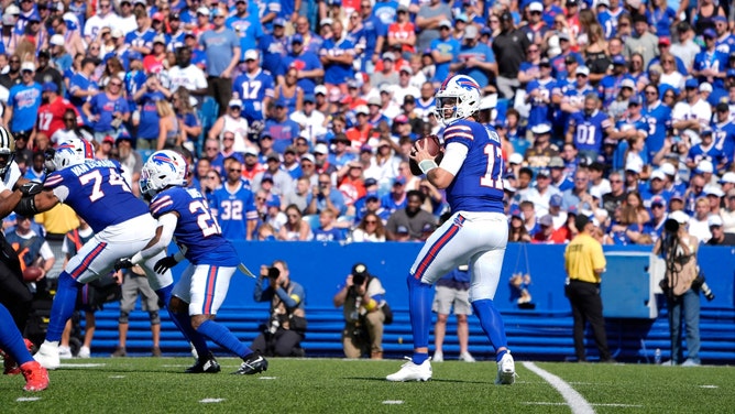 Buffalo Bills QB Josh Allen drops back to pass against the New Orleans Saints at Highmark Stadium in New York (Photo credit: Gregory Fisher-Imagn Images)
