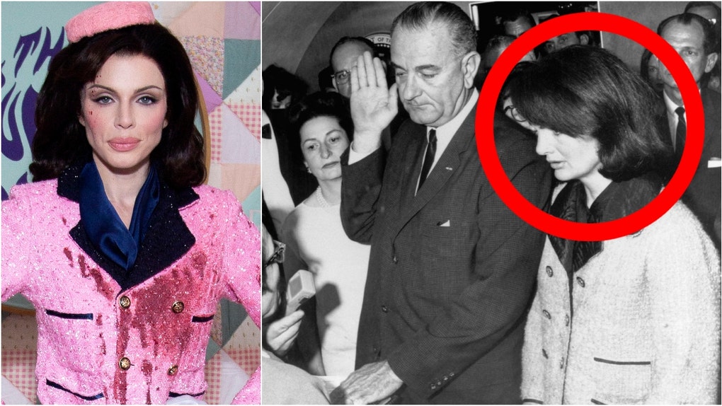 Actress and model Julia Fox dressed as Jackie Kennedy following JFK's assassination for Halloween. Check out photos of her costume, which features fake blood. (Photo by © Bettmann/CORBIS/Bettmann Archive via Getty Images and Photo by Santiago Felipe/Getty Images)