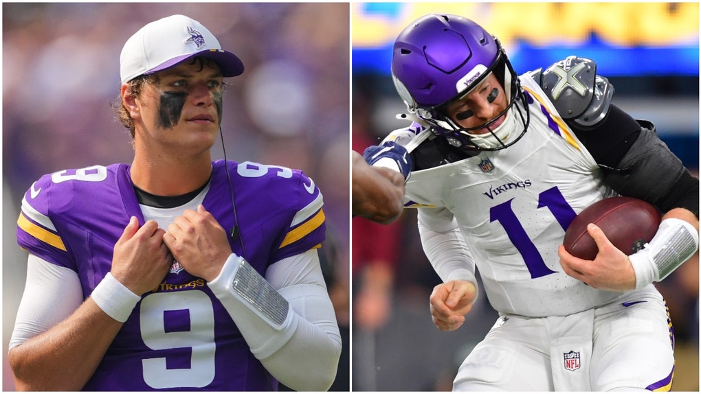 Side-by-side of Minnesota Vikings' quarterbacks J.J. McCarthy and Carson Wentz.