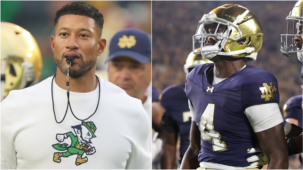 Notre Dame coach Marcus Freeman found out a player did a sex celebration after an awkward conversation with his wife. Watch a video of his comments. Watch Jeremiyah Love's celebration. (Photo by Michael Reaves/Getty Images and Photo by Michael Reaves/Getty Images)