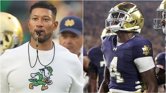 Notre Dame coach Marcus Freeman found out a player did a sex celebration after an awkward conversation with his wife. Watch a video of his comments. Watch Jeremiyah Love's celebration. (Photo by Michael Reaves/Getty Images and Photo by Michael Reaves/Getty Images)