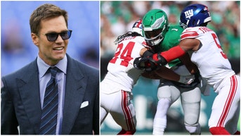 Side-by-side of Fox broadcaster Tom Brady and a play during a Week 8 NFL game between the Giants and Eagles.