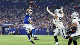 Indianapolis Colts QB Daniel Jones throws a touchdown against the Las Vegas Raiders at Lucas Oil Stadium. (Photo Credit: Trevor Ruszkowski-Imagn Images)
