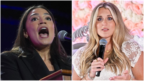 Side-by-side of Rep. Alexandria Ocasio-Cortez and Riley Gaines.
